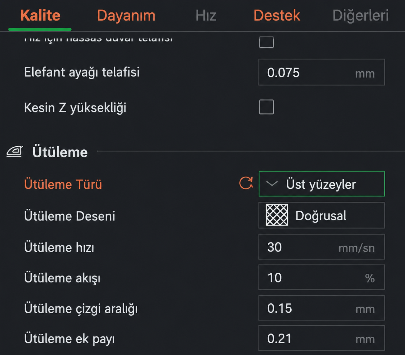 Bambu Studio Ironing (Ütüleme) Ayarları: Pürüzsüz Üst Yüzey Nasıl Elde Edilir? — Ironing ayarları Bambu Studio'da nerede