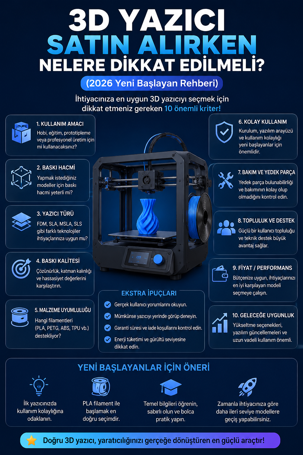 3D Yazıcı Satın Alırken Nelere Dikkat Edilmeli? (2026 Yeni Başlayan Rehberi)
