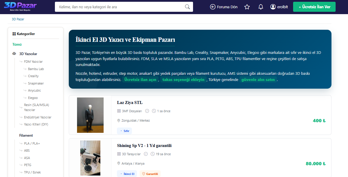 3D Pazar Yayında: Türkiye'nin İlk Ücretsiz İkinci El 3D Yazıcı ve Ekipman İlan Platformu
